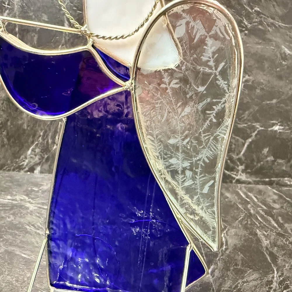 Stained Glass Angel Playing Horn Tea Light Candle Holder